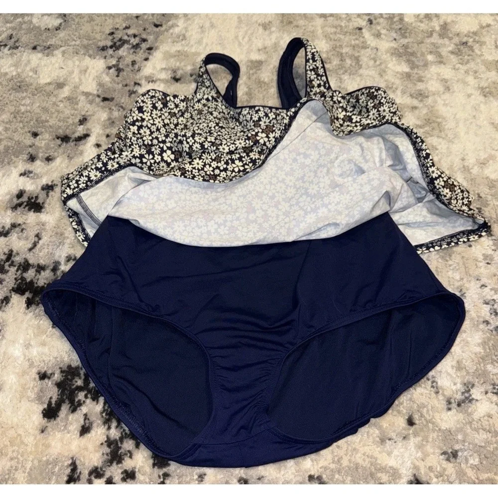 Lands End Women's Beige Blue Multi Swimdress Swimsuit One Piece Pus‎ Sz  XL (18)